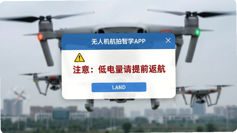主体为警示图标与文字说明,背景为模糊的无人机飞行场景,前景为“无人机航拍智学”APP的弹窗提示,显示“注意:低电量请提前返航”,布局中心突出,排版简洁醒目,风格严肃专业,细节包含黄色警告三角形和红色文字,画质清晰,干净,无多余元素