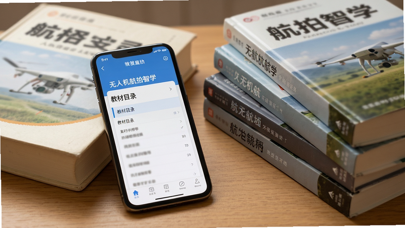 主体为书籍与手机并置的场景,手机屏幕显示“无人机航拍智学”APP的“教材目录”页面,旁边摆放着几本实体航拍书籍,布局平衡,排版和谐,风格温馨学习风,细节包含书本封面文字模糊处理,画质高清,干净,无多余元素