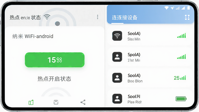 主体为纳米WiFi安卓应用界面,布局清晰,左侧为热点开启状态,右侧显示已连接设备列表,排版简洁现代,风格科技感强,细节展示信号强度图标和电量显示,画质高清,干净,无多余元素