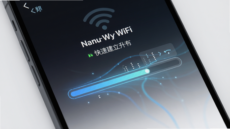 主体为手机屏幕特写,显示纳米WiFi正在快速建立热点的过程,布局为动态进度条设计,排版流畅,风格极简主义,细节呈现数据流动的光效,画质清晰,干净,无多余元素
