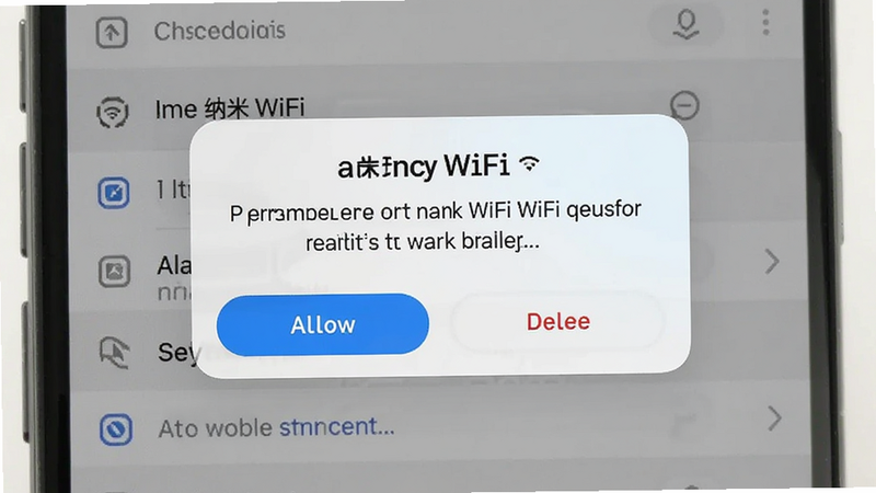 主体为手机设置界面,显示纳米WiFi的权限请求弹窗,布局为对话框样式,排版居中,风格系统原生,细节展示允许与拒绝按钮,画质清晰,干净,无多余元素