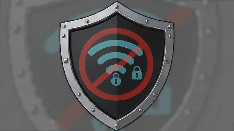 主体为盾牌图标,中心是纳米WiFi Logo,布局居中,排版对称,风格盾牌防御风格,细节展示锁形图标和禁止符号,画质坚实,干净,无多余元素