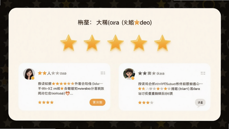 主体为五星评价界面,布局为评分卡片,排版简洁,风格暖色调信任感,细节展示用户好评截图与星级图标,画质高清,干净无多余元素
