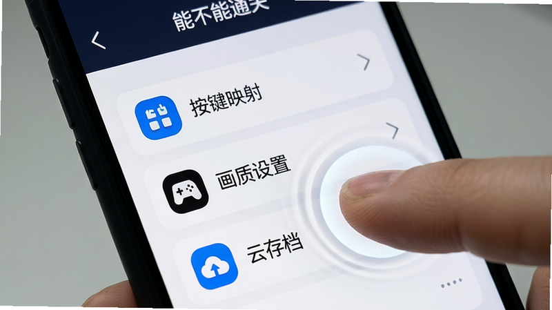 主体为手机屏幕特写,显示“能不能通关”APP的设置界面,重点突出“按键映射”、“画质设置”和“云存档”三个选项,布局清晰,图标醒目,风格为简洁的现代UI,细节展示手指触控操作的动态效果,画质清晰,干净无干扰元素,文字标注准确
