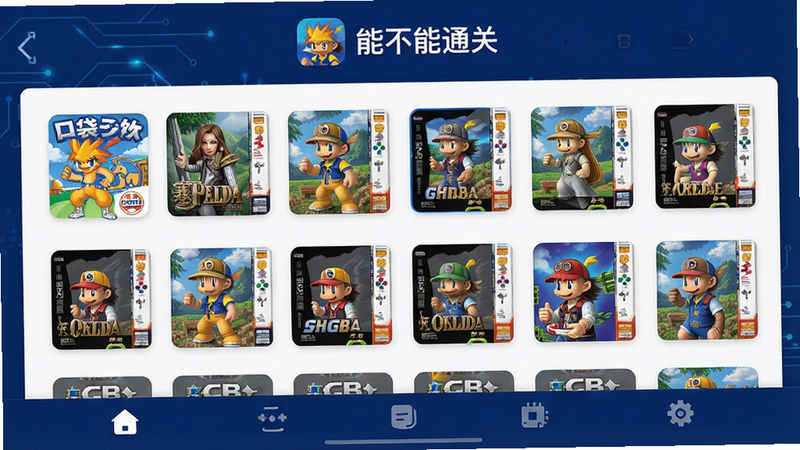 主体为“能不能通关”APP的界面全景展示,布局清晰简洁,顶部显示软件Logo和标题“能不能通关”,中间区域展示网格状的游戏图标列表,包含《口袋妖怪》、《塞尔达传说》等经典GBA游戏封面,底部为功能导航栏,风格为现代扁平化UI设计,色调以深蓝色和白色为主,细节处体现科技感与怀旧感的结合,画质高清,干净无多余元素,文字清晰可辨