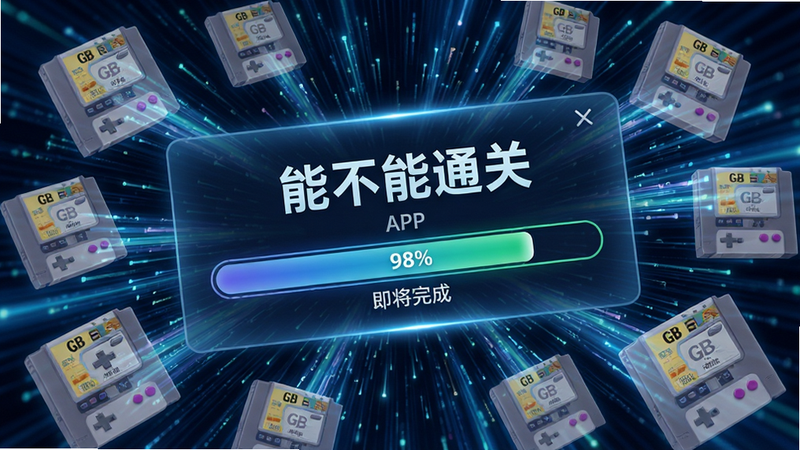 主体为高速数据流动效背景,前景显示“能不能通关”APP的下载进度条界面,进度条显示98%即将完成,周围环绕着各种GBA游戏卡带的半透明图标,布局动态感十足,排版紧凑有序,风格为科技流光特效,细节展现数据高速传输的状态,画质超清,干净利落,无杂乱背景