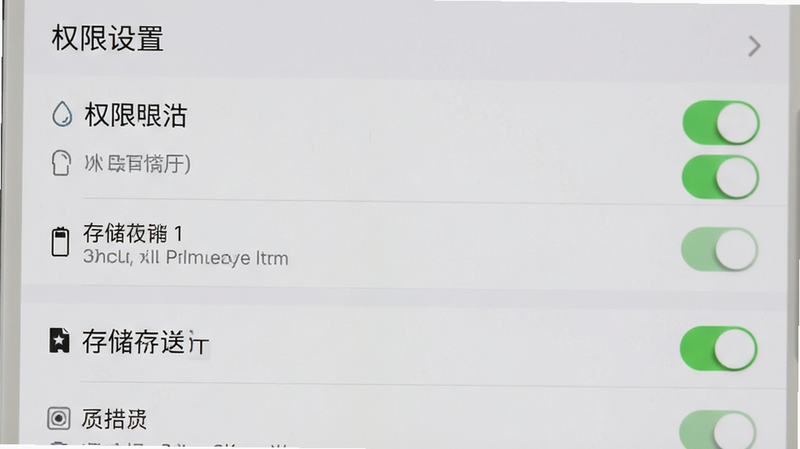 主体为手机设置界面截图,布局为列表形式,排版清晰,风格为系统原生UI风格,细节包含权限开关与存储选项,画质清晰,干净背景,文字显示