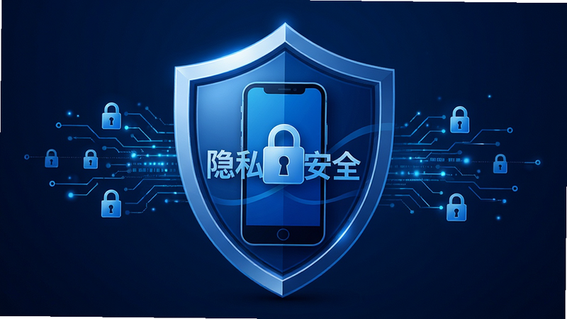 主体为盾牌图标包裹着手机,布局为视觉中心突出安全感,排版对称平衡,风格为科技感蓝色调,细节包含锁形符号与数据流线条,画质清晰锐利,干净背景,文字显示