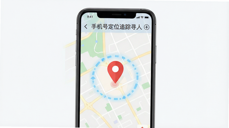 一张展示“手机号定位追踪寻人”软件界面的概念图。主体为智能手机屏幕,显示地图界面,地图上有一个醒定的红色定位标记,周围环绕着淡蓝色的轨迹线。布局居中,排版简洁,风格现代扁平化,细节清晰,画质高清,干净无多余元素,文字显示“手机号定位追踪寻人”