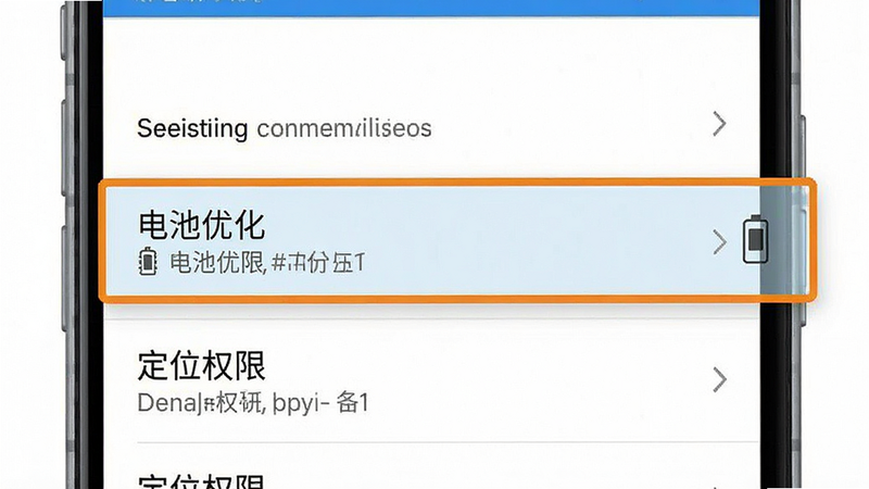 一张展示手机设置界面的示意图,重点突出“电池优化”和“定位权限”选项。主体为手机设置菜单列表,高亮显示两个关键选项。布局垂直列表,风格系统原生风,细节清晰,画质清晰,干净无多余元素