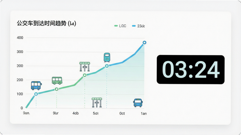 数据可视化图表界面,主体是一个折线图显示公交车到达时间趋势,旁边有一个倒计时数字“03:24”,背景为白色,配色清新,包含简单的图标表示车辆和站点,排版整洁,风格极简主义,细节丰富,高清渲染