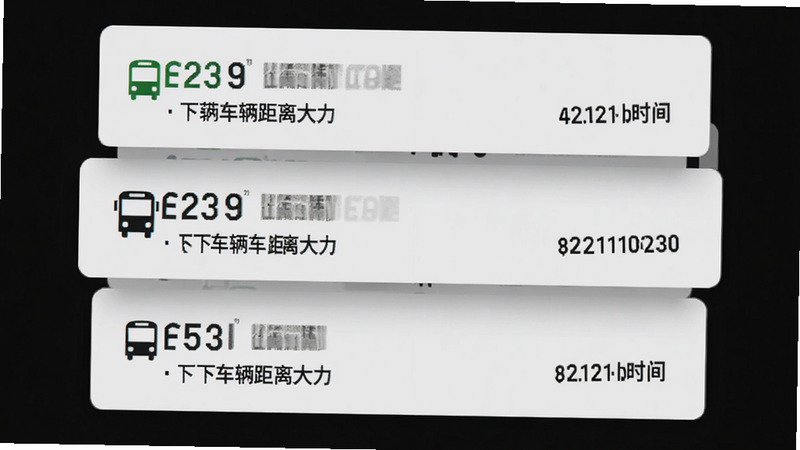 移动端列表界面展示,主体是三个堆叠的卡片,每个卡片代表一条公交线路,显示线路号、下一辆车距离和预计时间,背景为浅灰色,卡片有轻微阴影,设计现代,文字清晰,无多余装饰,高清 UI 设计