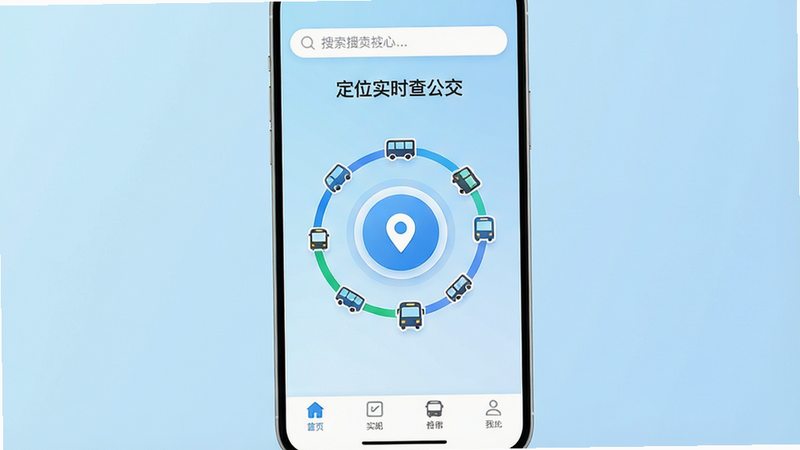 一张高分辨率的移动端 UI 设计图,主体显示“定位实时查公交”APP 的主界面,背景为浅蓝色渐变,中央有一个醒目的圆形定位按钮,周围环绕着三条带有车辆图标的动态轨迹线,界面顶部有清晰的搜索栏,底部有简洁的导航栏,整体风格扁平化、现代感强,细节清晰,画质 4K,干净无多余元素
