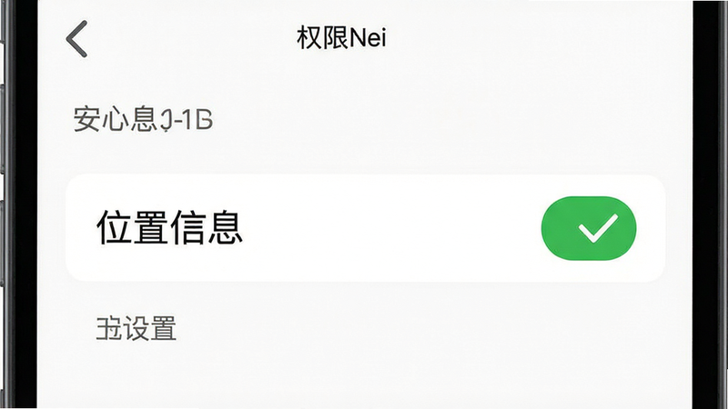 手机设置界面示意图,主体是权限管理页面,高亮显示“位置信息”选项为开启状态,旁边有一个绿色的对勾图标,背景为白色,界面简洁,文字清晰,强调安全与设置,高清 UI 设计