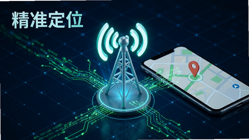 技术风格的概念图,主体是一个发光的 GPS 信号塔图标,周围有绿色的数据流线条连接到一个智能手机屏幕,屏幕上显示简单的地图定位点,背景为深蓝色科技感网格,强调精准与连接,文字标注“精准定位”,画风写实与科技结合,清晰度高
