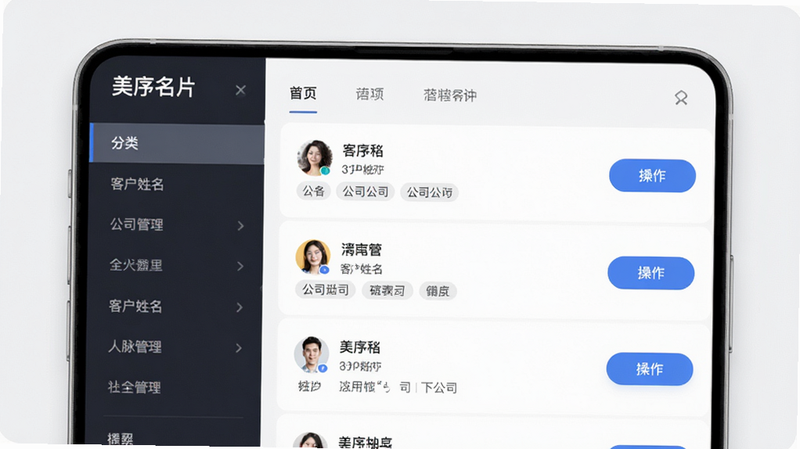 主体为“美序名片”APP人脉管理列表页,布局为左侧分类栏右侧列表,排版层级分明,风格整洁有序,细节显示客户姓名、公司、标签及操作按钮,画质细腻,干净,无多余元素