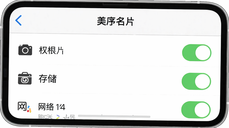 主体为“美序名片”APP权限设置页面,布局为列表形式,排版清晰,风格系统原生,细节显示相机、存储、网络权限开关状态,画质锐利,干净,无多余元素
