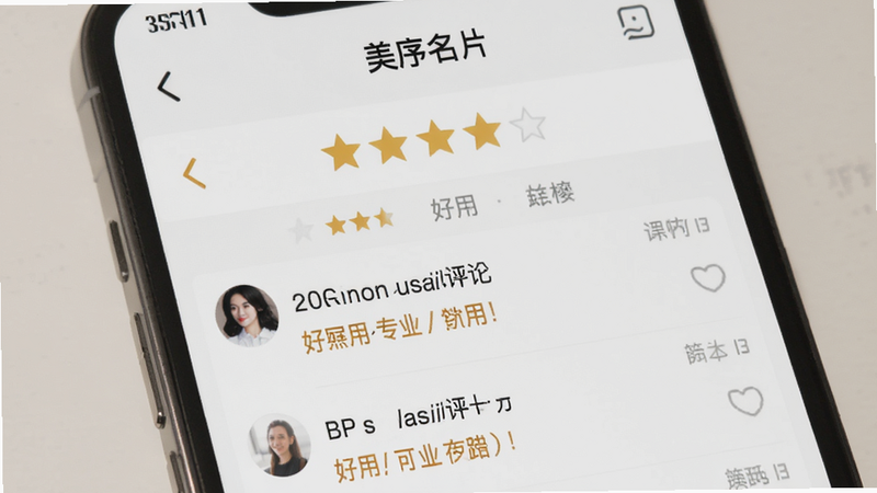 主体为“美序名片”APP用户评价界面,布局为星级评分与评论列表,排版紧凑,风格真实可信,细节显示五星好评及“好用”、“专业”等关键词,画质柔和,干净,无多余元素