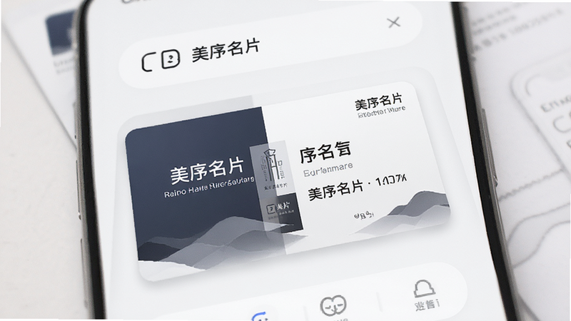 主体为“美序名片”APP界面,布局清晰简洁,排版采用极简商务风,风格现代专业,细节展示电子名片卡片样式,画质高清,干净,无多余元素