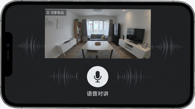 主体为安视界APP的语音对讲界面,布局简洁,屏幕上方显示远程摄像头视角,下方有一个突出的麦克风图标和