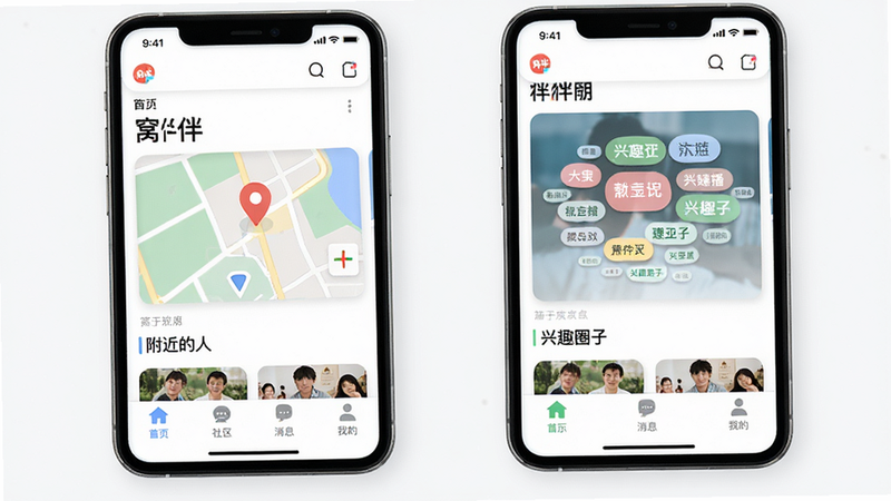 主体为窝伴APP的手机界面展示图,布局清晰分为首页、社区、消息、我的四个底部导航模块,排版简洁现代,风格扁平化设计,细节包含地图定位图标和兴趣标签云,画质高清,干净,无多余元素,文字标签显示