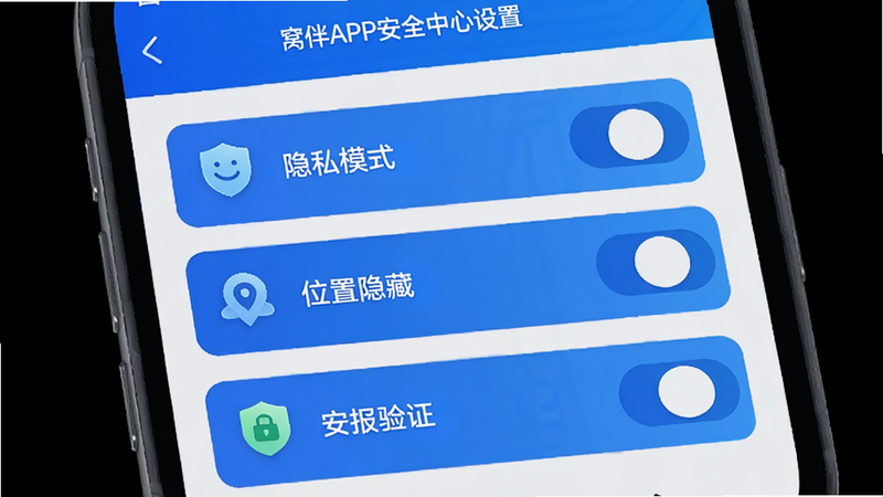 主体为窝伴APP的安全中心设置页面,布局列出隐私保护、账号安全、举报反馈等功能选项,排版简洁明了,风格科技感蓝色调,细节包含盾牌图标和开关按钮,画质高清,干净,无多余元素,文字显示
