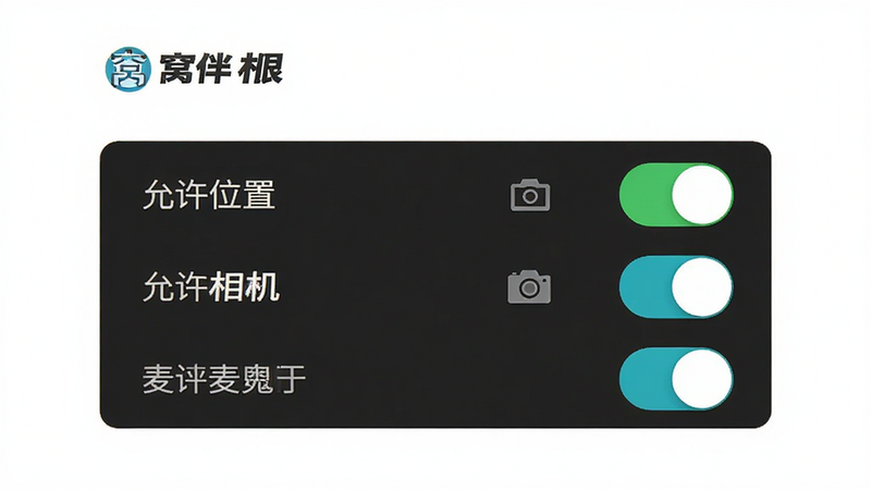 主体为窝伴APP的权限设置界面示意图,布局展示位置、相机、麦克风等权限开关状态,排版清晰,风格简约白色背景,细节包含开关按钮和文字说明,画质高清,干净,无多余元素,文字显示
