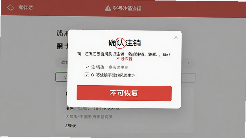 主体为窝伴APP的账号注销流程界面,布局展示注销确认弹窗和风险提示,排版居中突出,风格警示性红色点缀,细节包含勾选框和按钮,画质清晰,干净,无多余元素,文字显示
