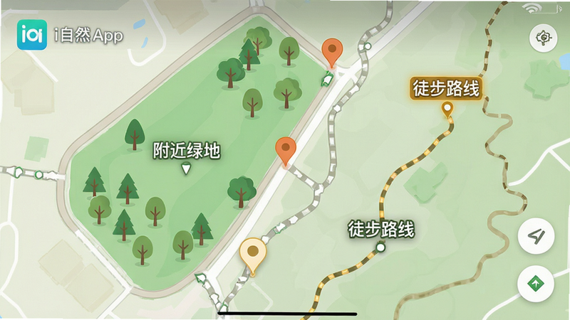 ����Ϊi��ȻApp�ĵ�ͼģʽ���棬����Ϊȫ����ͼ�ӽǵ�����Ȥ�����Ű棬���Ϊдʵ���ƽ����ϣ�ϸ�ڰ�����ľͼ�ꡢ·��ָ���ߺ͸�����ʾ�ľ������ƣ������������ɾ��޹����ţ���������Ϊ
