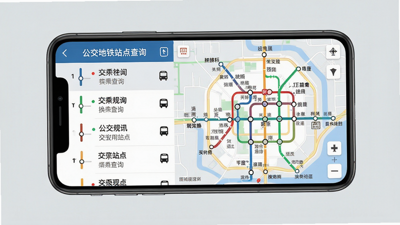 展示“公交地铁站点查询”APP的换乘规划界面,手机屏幕居中,背景为浅灰色,界面左侧显示路线列表,右侧显示地图视图,地图上清晰标注了地铁线路和公交站点,文字标签清晰可见,风格简洁专业,细节丰富,画质清晰,无杂乱元素