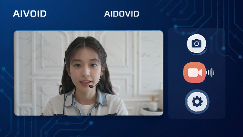 主体为 AIDOVID 手机 App 界面展示图,布局采用居中对称式排版,左侧显示实时视频画面窗口,右侧为控制菜单图标(包括拍照、录像、语音、设置),背景为深蓝色科技渐变风格,细节处体现高清画质与 UI 扁平化设计,整体风格现代简洁,文字清晰标注