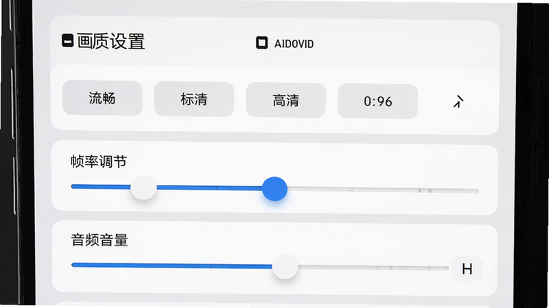 主体为 AIDOVID 手机端视频流设置界面,布局为列表式菜单,包含画质选择(流畅、标清、高清)、帧率调节滑块、音频音量控制条,背景为白色卡片式设计,细节展示滑块选中状态,文字标注