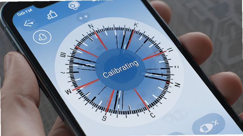 Digital compass calibration interface on a mobile device, showing a circular diagram with red and black lines, text 'Calibrating' in the center, clean tech style, blue and white colors, high resolution, detailed graphics, no background clutter, 8k resolution