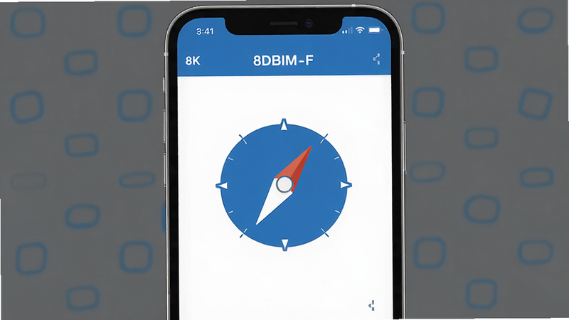 Offline mode interface of 8DBIMF app, showing a clean compass screen with no internet connection icon, simple and functional design, blue and white theme, high resolution, clean background, no clutter, 8k quality