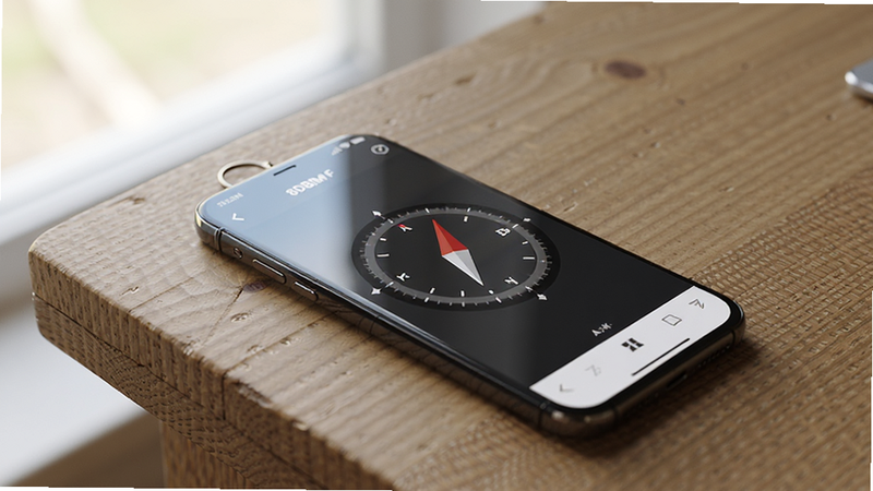 Smartphone placed on a wooden table, screen showing 8DBIMF app with a stable compass reading, soft natural lighting, clean composition, high detail, realistic style, no other objects in the frame, 4k quality