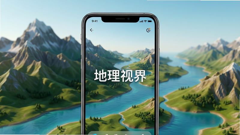 主体为“地理视界”手机应用界面,布局清晰,排版整洁,风格现代简约,细节丰富,画质高清,干净无多余元素,文字“地理视界”居中显示,背景为山川河流的高精度3D渲染图,色彩鲜明,光影逼真。