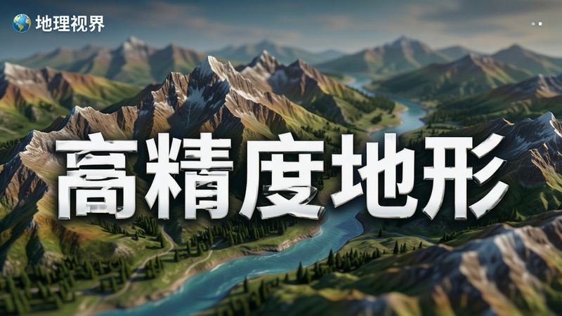 主体为“地理视界”应用中的3D地形渲染效果,布局聚焦于山脉与河流,排版立体感强,风格写实,细节精致,画质超清,干净无杂物,文字“高精度地形”突出显示,背景为自然山脉,色彩层次分明,光影效果逼真。