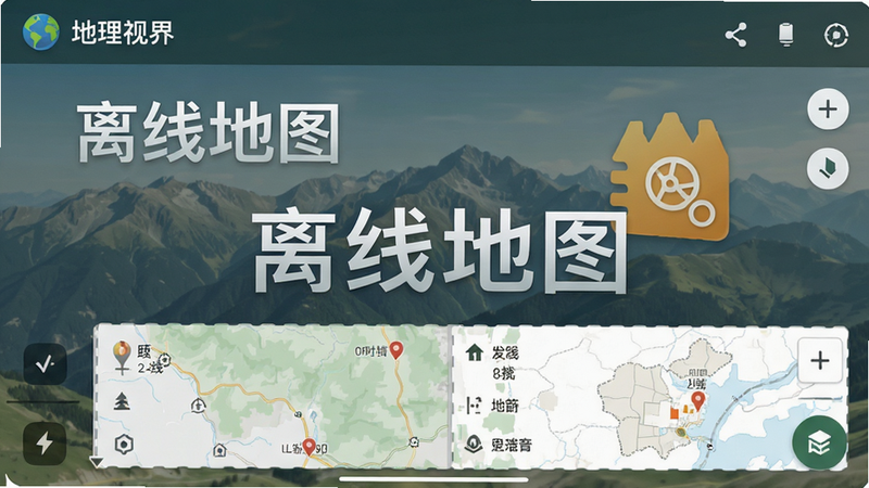 主体为“地理视界”应用中的离线地图界面,布局稳定,排版规整,风格实用化,细节精准,画质清晰,干净无噪音,文字“离线地图”明显,背景为山区与离线标识,色彩沉稳,图标简洁,数据展示直观。