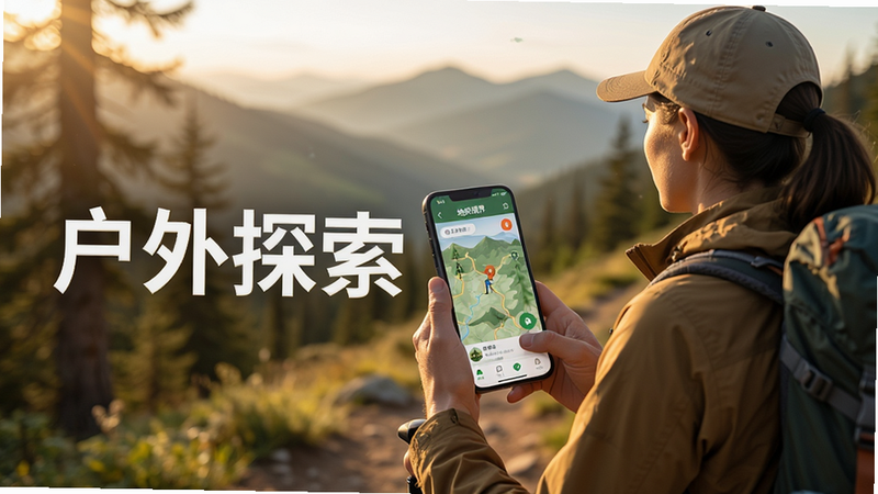 主体为“地理视界”应用的使用场景,布局自然,排版生活化,风格实用,细节真实,画质清晰,干净无杂乱,文字“户外探索”突出,背景为徒步者使用手机查看地图,色彩温暖,光影自然,场景生动。