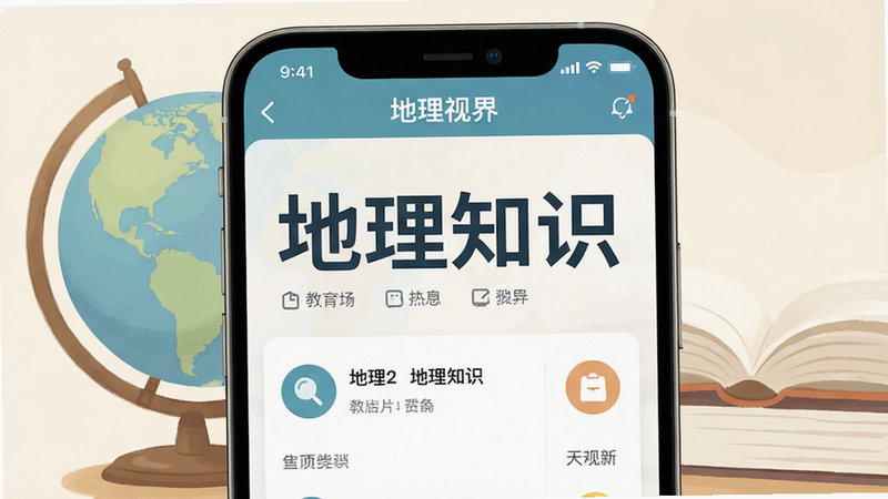 主体为“地理视界”应用中的知识推送界面,布局紧凑,排版清晰,风格教育化,细节丰富,画质清晰,干净无冗余,文字“地理知识”突出,背景为地球与书本元素,色彩柔和,图标简洁,信息层次分明。
