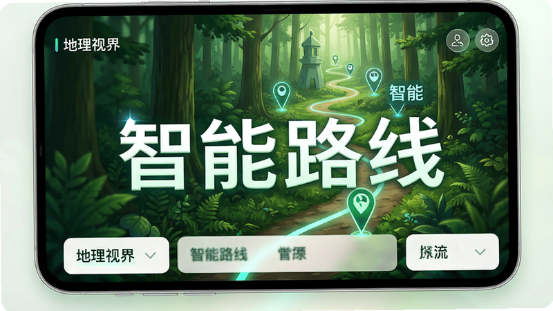 主体为“地理视界”应用中的路线规划界面,布局简洁,排版有序,风格科技感强,细节清晰,画质高清,干净无干扰,文字“智能路线”醒目,背景为绿色森林与蜿蜒小径,色彩清新,路径线条流畅,标识明确。