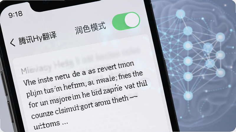 手机界面特写,展示“腾讯Hy翻译”的“润色模式”开关打开状态,界面上显示着一段经过润色的英文邮件草稿,文字流畅自然,背景有淡化的大模型神经网络示意图,突出智能优化效果,清晰度高,色彩柔和