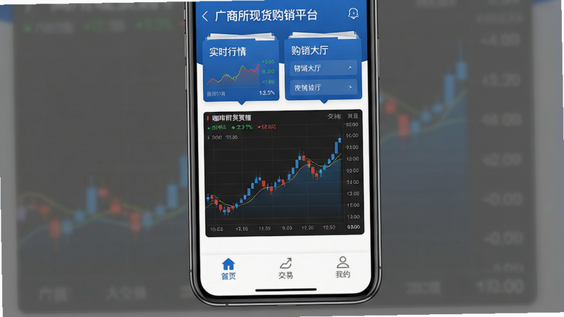 一张高清手机界面展示图,主体为“广商所现货购销平台”APP首页,布局清晰,顶部显示“实时行情”和“购销大厅”板块,中间是咖啡期货走势图表,底部导航栏包含“首页”、“交易”、“我的”,风格为商务蓝色调,细节精致,画质清晰,无多余元素,干净背景。