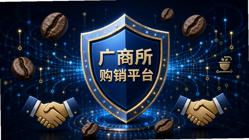 一张概念图,展示“广商所现货购销平台”的安全盾牌图标,周围环绕着咖啡豆、数据流和握手符号,布局中心突出,风格科技感强,蓝色与金色搭配,细节丰富,象征安全与信任,画质高清,干净无杂乱元素。