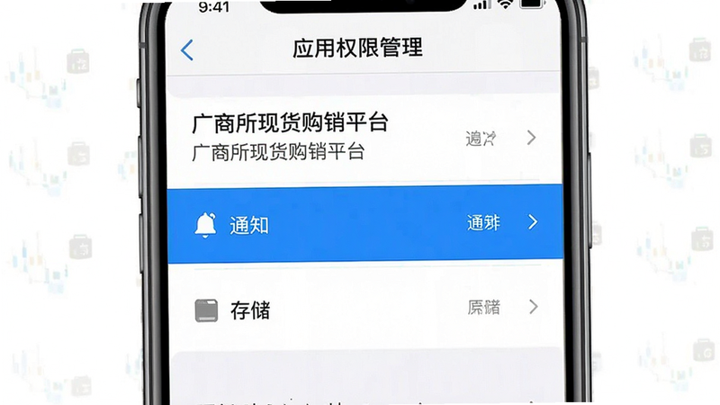 一张手机设置界面示意图,显示“应用权限管理”页面,主体为“广商所现货购销平台”的权限列表,高亮显示“通知”和“存储”权限,布局整齐,风格简洁现代,细节清晰,画质干净,无多余干扰元素。