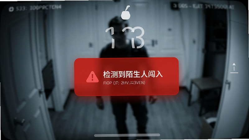 主体为监控报警通知界面,手机锁屏状态下弹出红色警报卡片,显示“检测到陌生人闯入”,背景为监控画面截图中一个模糊的人影,界面元素突出红色警示色,布局紧凑,信息层级分明,科技感强烈,高分辨率,无其他干扰图标