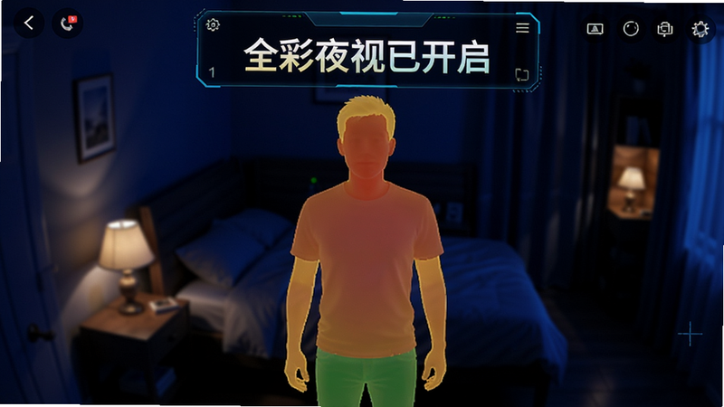 主体为夜间监控视角下的室内场景,画面中央是清晰的彩色人物轮廓,周围光线柔和,背景为深蓝色调的卧室环境,突出全彩夜视效果的清晰度与色彩还原度,科技感UI界面叠加在画面上方,显示“全彩夜视已开启”字样,高对比度,细节锐利,无噪点