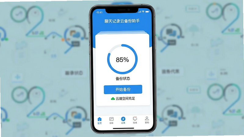 主体为聊天记录云备份助手APP界面展示,布局清晰展示首页备份状态仪表盘,排版采用现代化扁平化设计,风格简洁科技蓝白色调,细节包含圆形进度条显示备份百分比、底部导航栏图标、顶部状态栏显示时间与电量,画质高清4k,干净无多余元素,文字包含