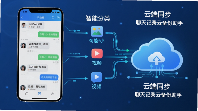 主体为数据分类备份流程示意图,布局左侧为手机屏幕显示聊天列表,右侧为云端图标接收数据流,排版呈现左右对比结构,风格科技感线条连接,细节展示不同类型的数据包图标如图片、视频、文字气泡,画质清晰,干净,文字包含