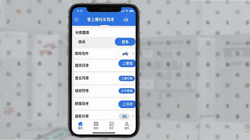 主体为手机应用界面截图,显示“掌上摩托车驾考”主页面,布局清晰,顶部有导航栏,中间是题库分类列表,底部是菜单栏,排版整齐,风格为现代简约扁平化UI,细节处有蓝色主色调按钮,画质高清,干净,无多余元素